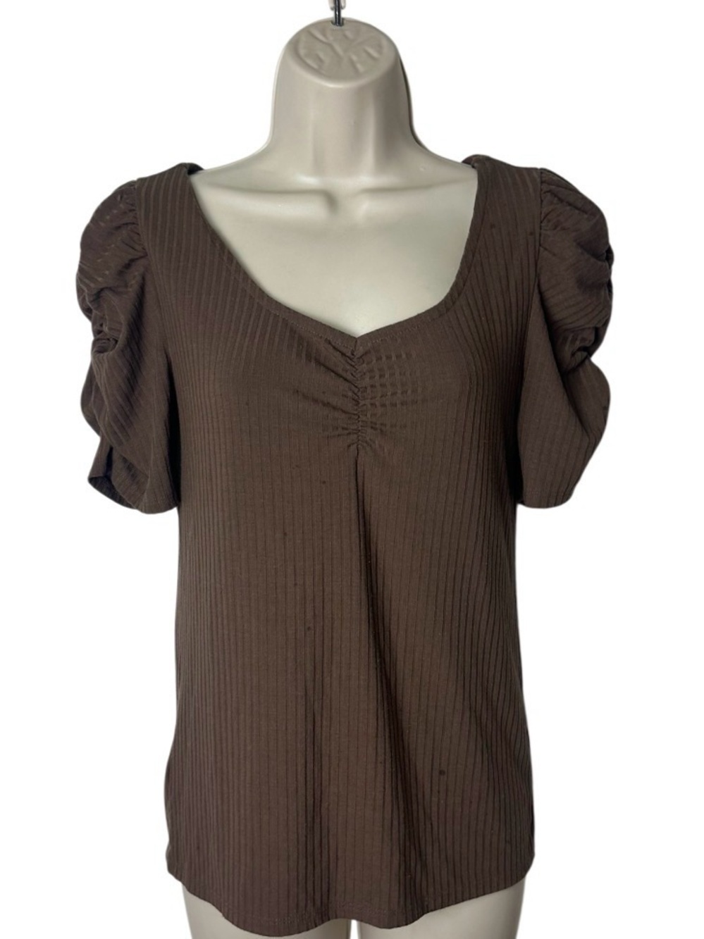 LOFT Brown Ribbed V-Neck Puff Sleeve Top